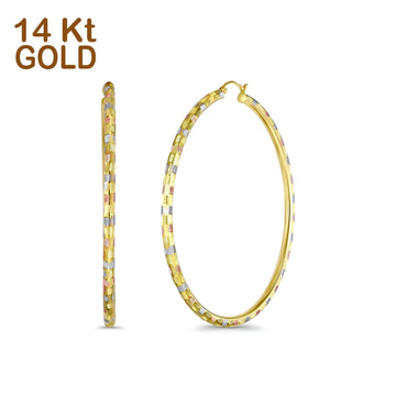 Solid 14K Tri Color Gold 3mm Thickness Hinged Diamond Cut Hoop Earrings - 6 Different Size Available, Best Anniversary Birthday Gift for Her